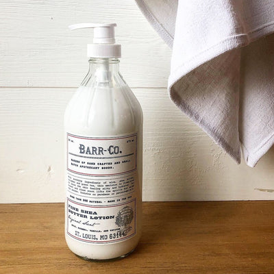 Barr-co. pure shea butter lotion in glass bottle. 