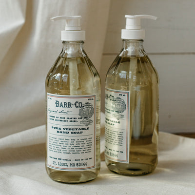 Barr-Co. pure vegetable hand soap in reusable glass bottle with white pump. 